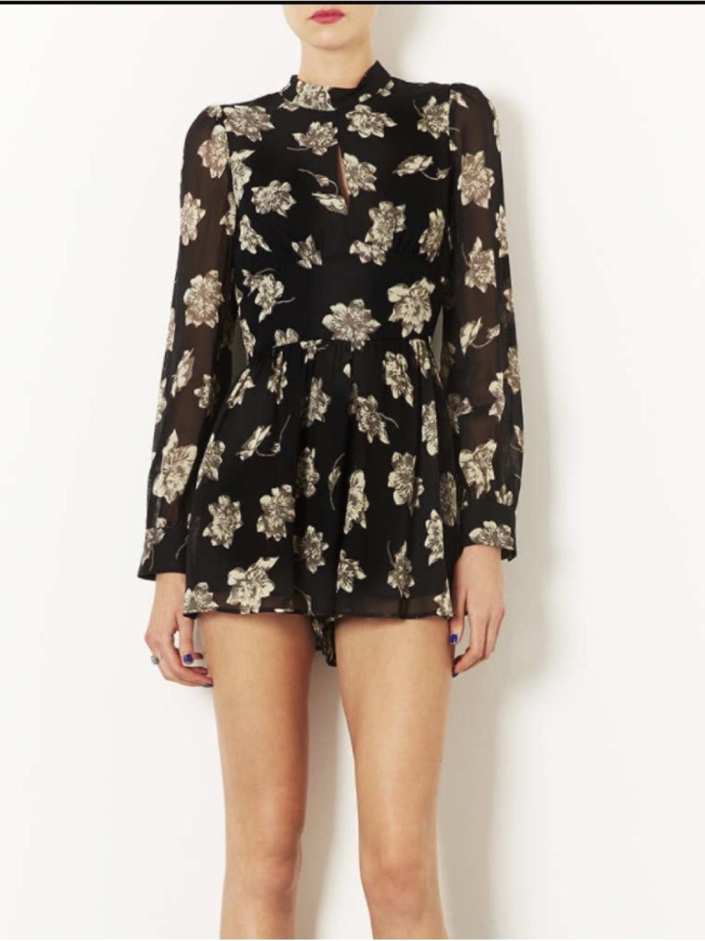 Topshop High-Neck Black Romper with Cream Floral Print